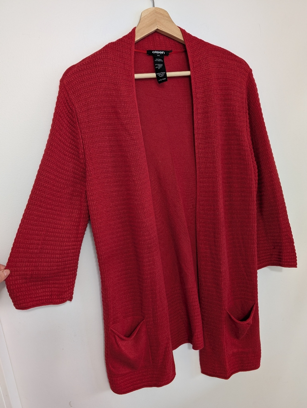 Olsen Small Red Cardigan Linen Waffle Knit Open Front Sweater 3/4 Wide Sleeve